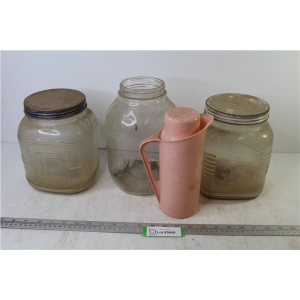 (3)Vintage Jars - Plastic Pitcher w/Cup Lid