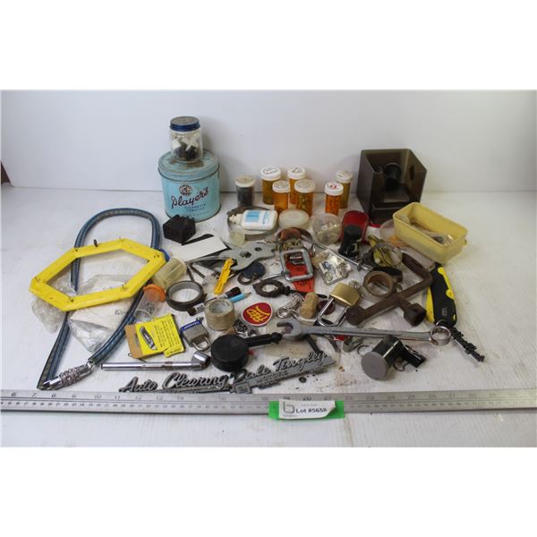 Player's Tobacco Tin - Combination Bike Lock - Screws - Utility Knife - Misc. Items