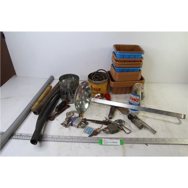 Empty Food Containers - Washers - Large Straining Spoon - Nails - Padlocks w/Keys - Misc. Items