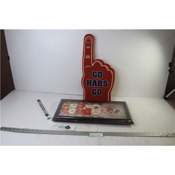 Plastic Maple Leafs Hockey Stick - Go Habs Go Sponge #1 Finger - Canada Hockey Clock w/Jerseys & Dat