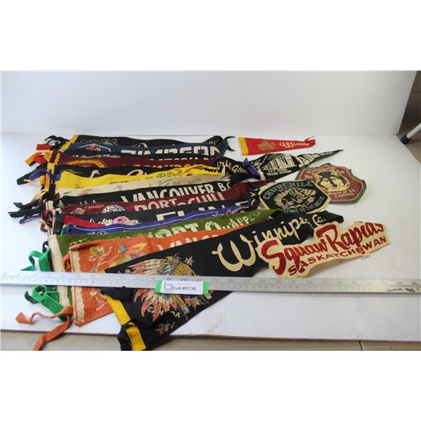 (16) Pennants (BC - Saskatchewan - Ontario - Alberta - (3) Sew-on Patches - Trappers Festival North 