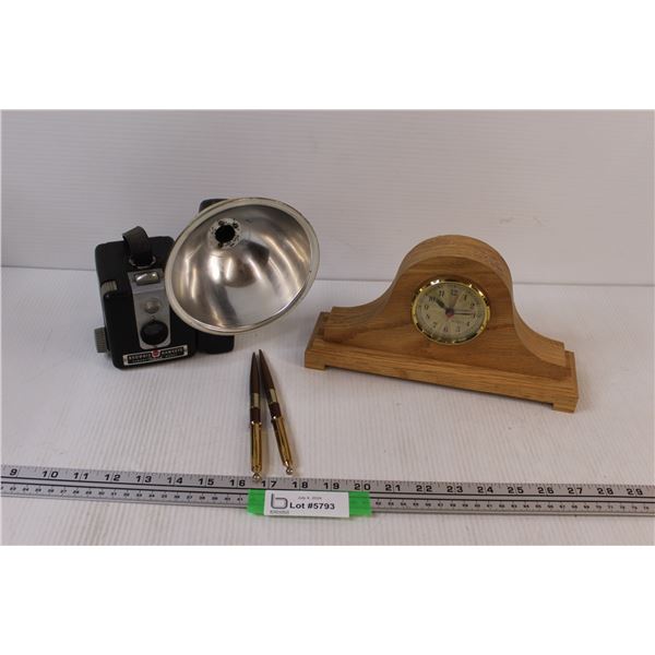 Brownie Kodak Vintage Camera (as is) Mantle Clock - Works & (2) Desk Pens