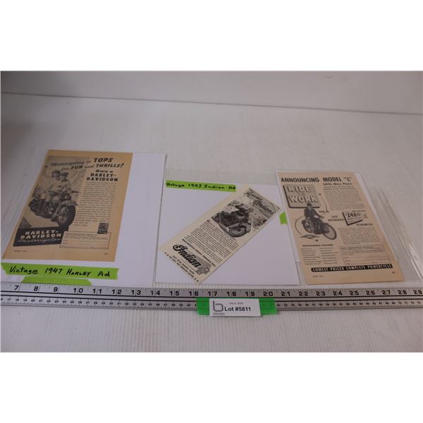 (3) Vintage Motorcycle 1940's Advertisements in Protective Sleeves