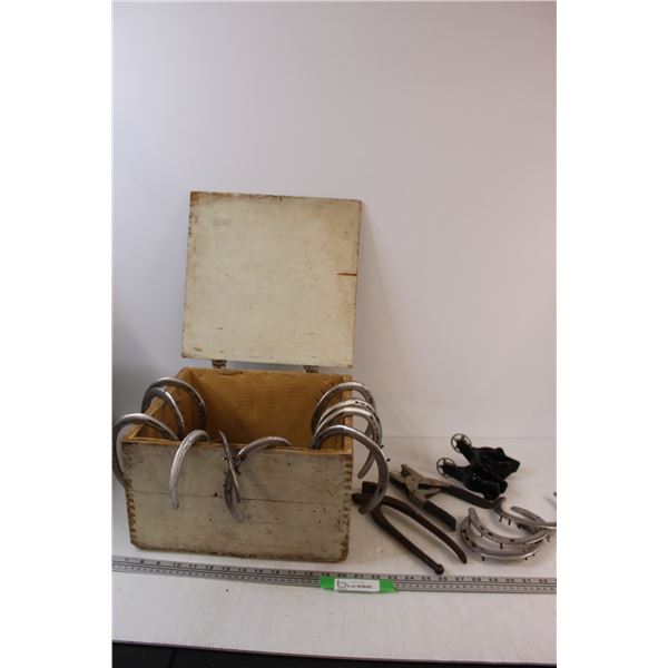 Wooden Box of Horseshoes & Tools, Set of Spurs