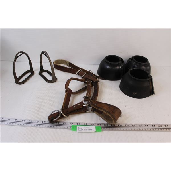 Horse Halter, Set of Stirrups, (3) Horse Boots/Cuffs