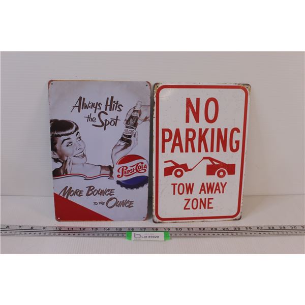 (2) Metal Signs (12"x8"): No Parking & Pepsi-Cola