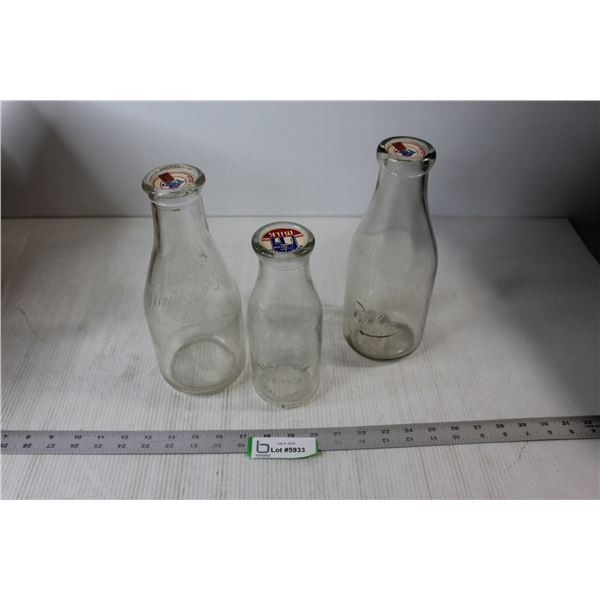(3) Milk Glass Bottles - Palm, Turners, Saskatoon Drinkle Creamery