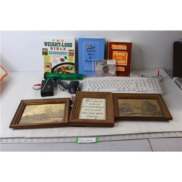 (3) Books, Flashlight, Keyboard & Mouse, (3) Pictures