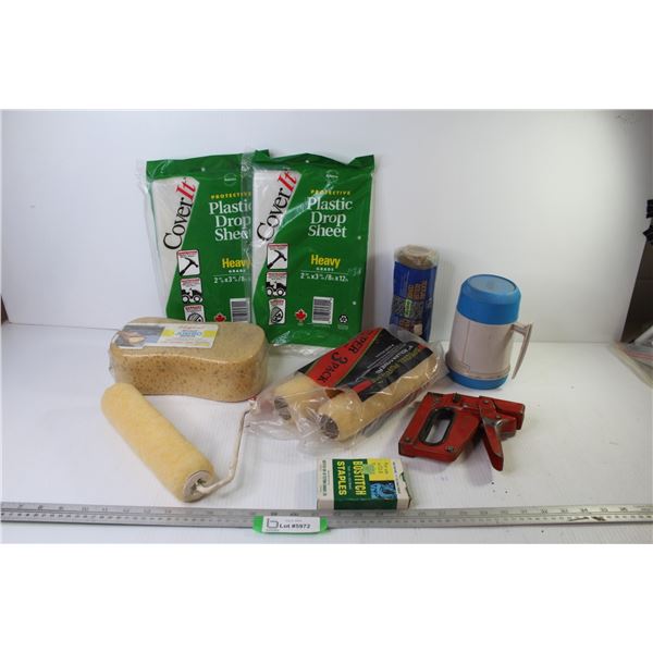 (2) Plastic Drop Sheets - Sponge (NIB) - Thermos - Stapler & Staples - Paint Rollers - Roller Cage -