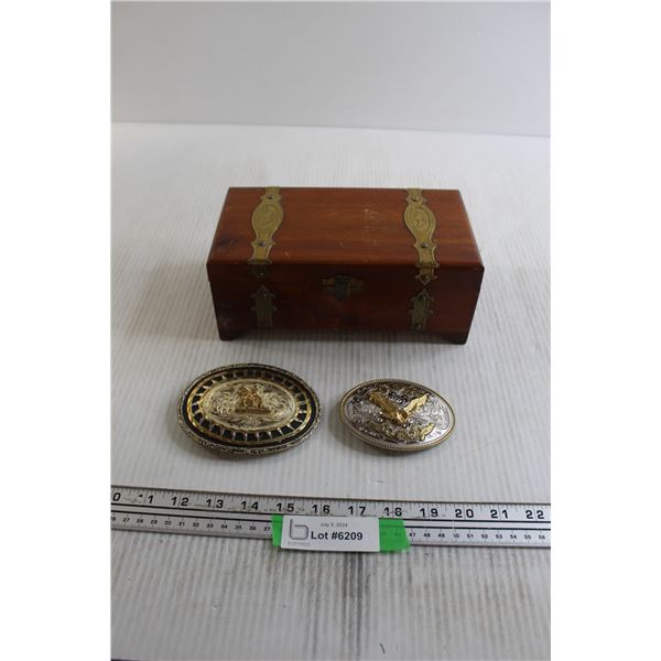 (2) Belt Buckles, Wooden Jewelry Box