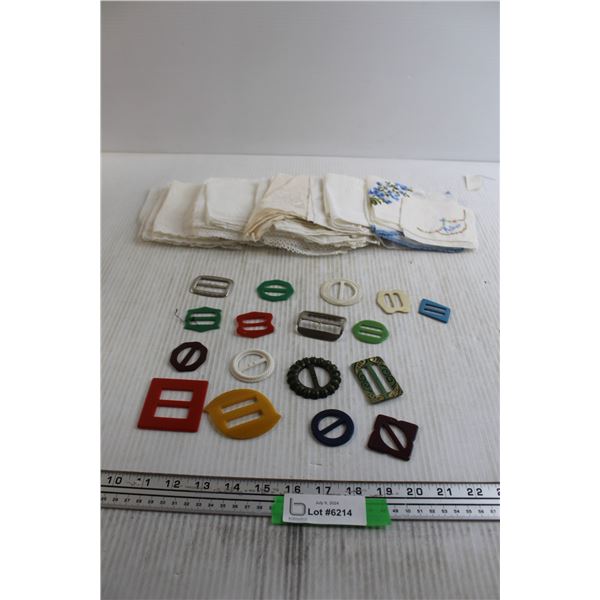 (30) Handkerchiefs, (17) Vintage Belt Buckles - Bakelite