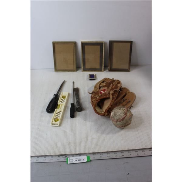 Louisville Slugger Baseball Glove and Ball, (3) Picture Frames, Mini Frame, Misc.