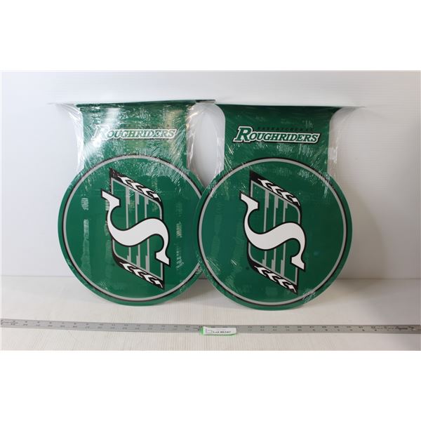 (2) Saskatchewan Roughriders Circular Flanged Metal Signs - Sealed, 17" Wide