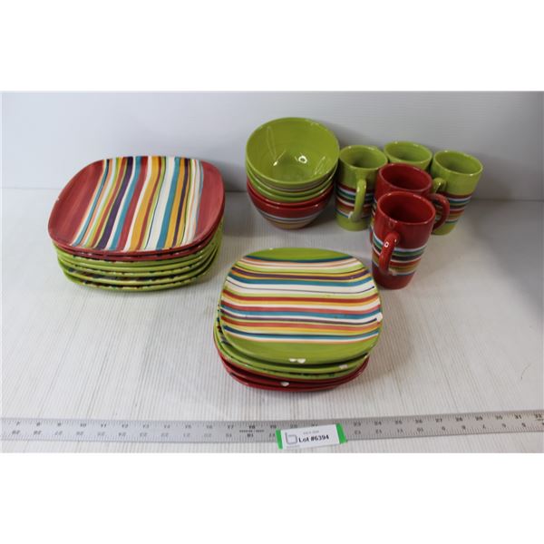 Red & Green Striped Dish Set - As Is - Some Chipping