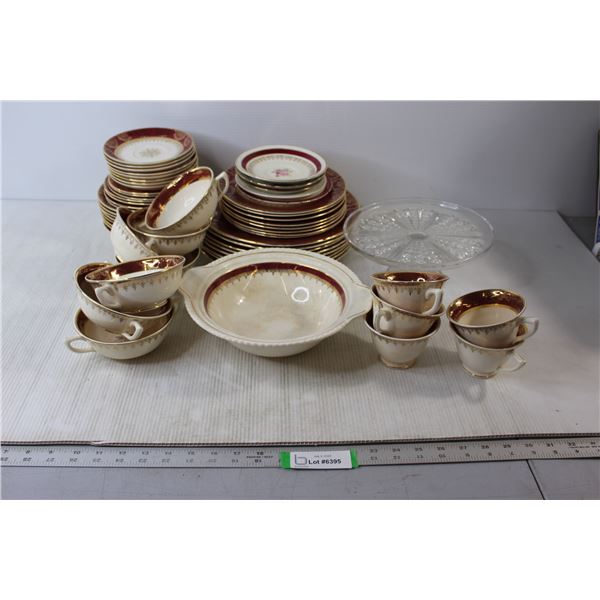Red & Gold Asian Inspired Dish Set, (5) Saucers, Glass Cake Stand