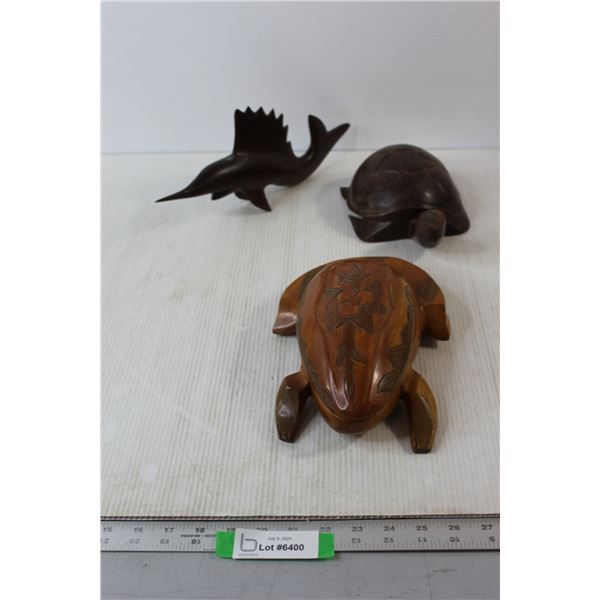 (3) Wood Carvings - Sword Fish, Turtle, Frog Trinket Box