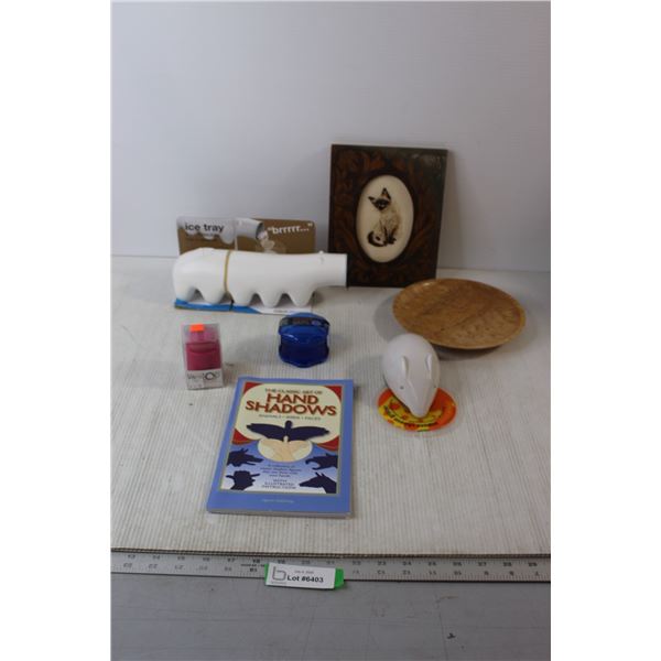 Ice Tray, Cross Stitch Cat in Wood Carved Frame, Wood Plate, Mouse Cheese Grater, Misc.