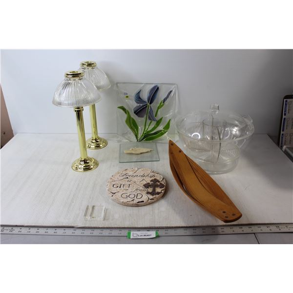 (2) Candle Lamps, Glass Art Plate, Serving Bowl, Misc.