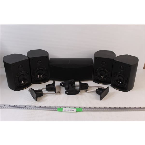 (10) Denon Surround Sound Speaker Set With Wall Mounts: No Sub Untested