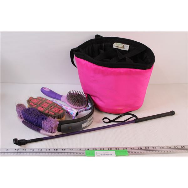 (5) Pink Storage Bag With Misc. Sized Grooming Brushes & Riding Crop