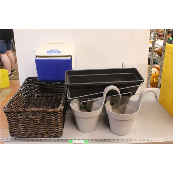 (5) Lot of Wicker Basket, 3 - Fence Hanging Planters & Little Playmate Cooler