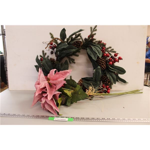(2) 20" Christmas Wreath & Bouquet of Silk Flowers