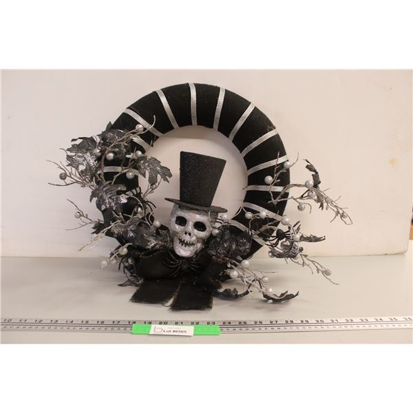 Black & Silver Sparkle Halloween Skull in Top Hat Wreath - 15" Wide