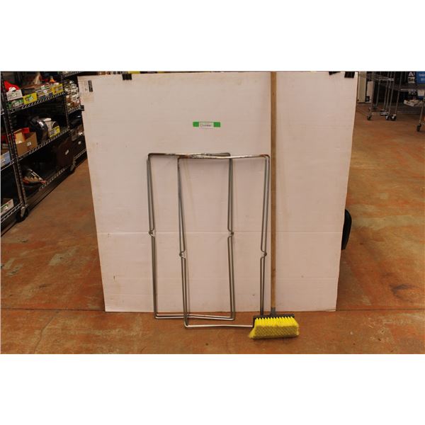 (3) 2 - Metal Leaf Bag Holders & Long Push Broom
