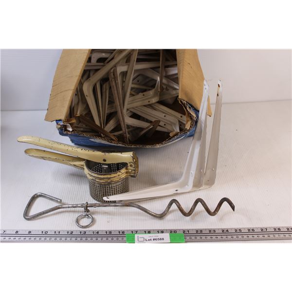(20+) Box Lot of Shelf Braces, Ground Leash Screw, Vintage Potato Ricer