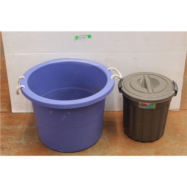* (2) Large Blue Round Tub 22" Wide x 16 1/2" Tall & Small Plastic Multipurpose Can
