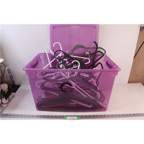 (20+) Purple Storage Bin With Locking Lid Filled with Clothes Hangers