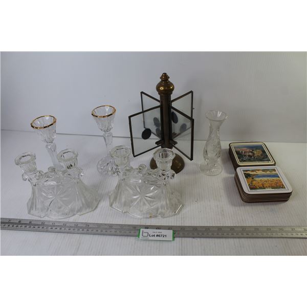 Vintage Brass Photo Stand - (2) Sets of Table Coasters - Crystal Vase - Glass Candle Holders