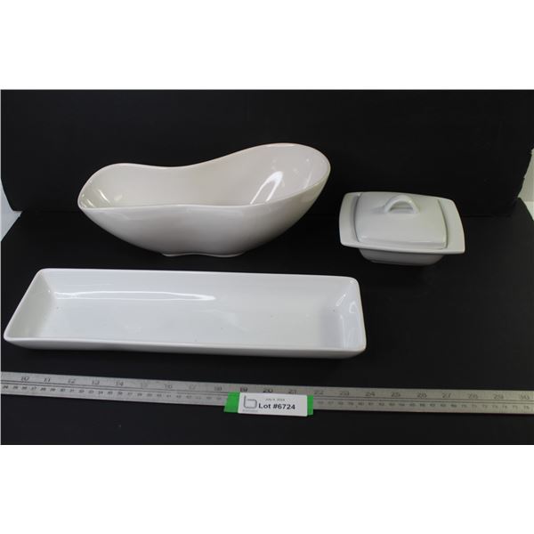 (2) White Ceramic Dishes - Butter Dish w/Lid