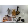 Image 1 : Wooden Swan napkin Holder - Leather Wrapped Bottle w/Ship Picture - Glass Vase - Wine Glass Charms -