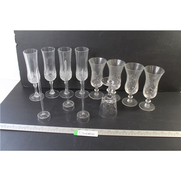 (9) Crystal Glasses - (3) Glass Candle Holders