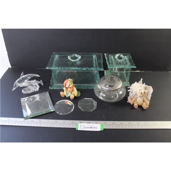 (2) Green Glass Containers w/Lids - (2) Bear Ornaments - Round Glass Dish w/Metal Lid - (3) Pieces o