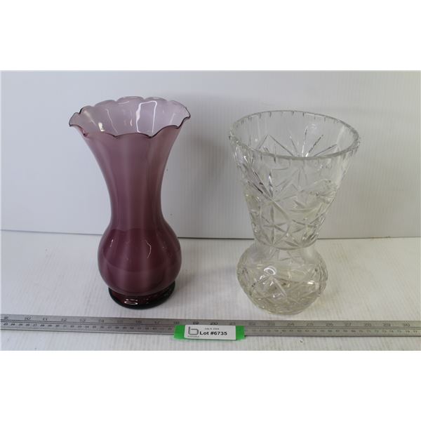 (2) Vases - Pinwheel Crystal & Purple Glass Vase