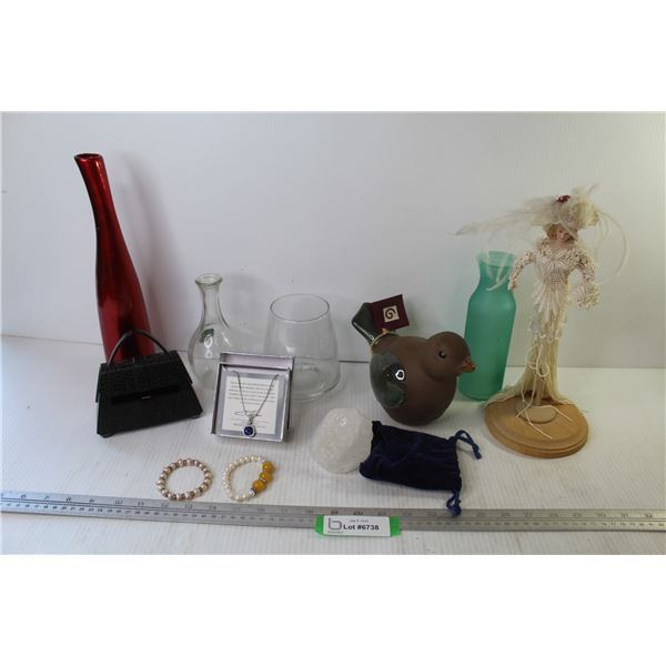 Beaded Bracelets - Necklace W/Blue Stone & Small Clear Stones - Vases - Note Dispenser - Bird Decor 