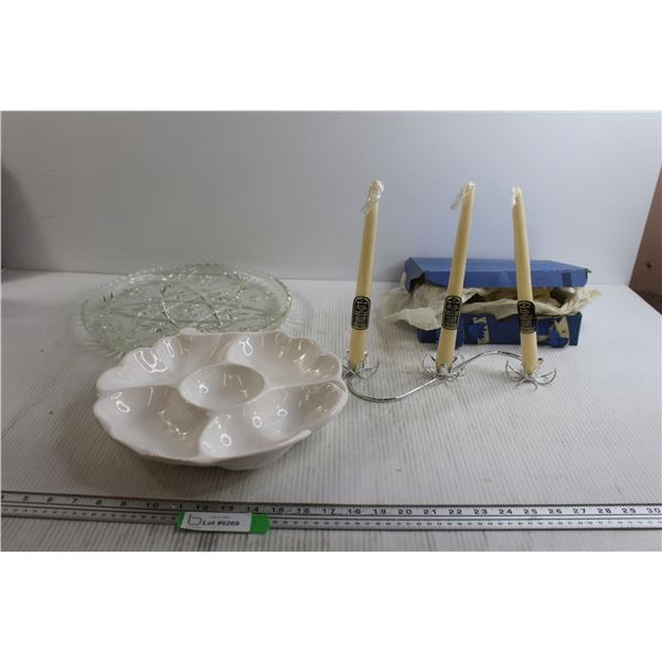 (2) Serving Dishes, (3) Candles with Stand