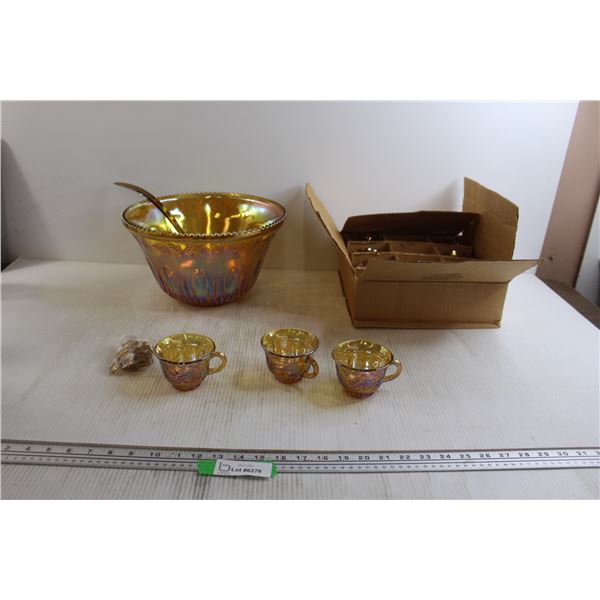 Iridescent Gold Carnival Glass Punch Bowl with Cups - Chip