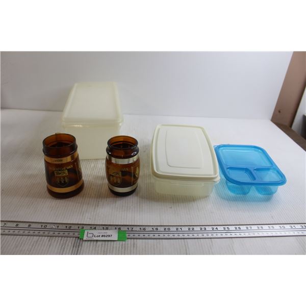 (3) Storage Containers - Potent Smell, (2) Saskatchewan Steins