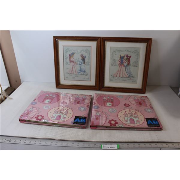 (2) Cross Stitch Pictures in Frames - 16" x 13 1/2" (2) Princess Scrap Books