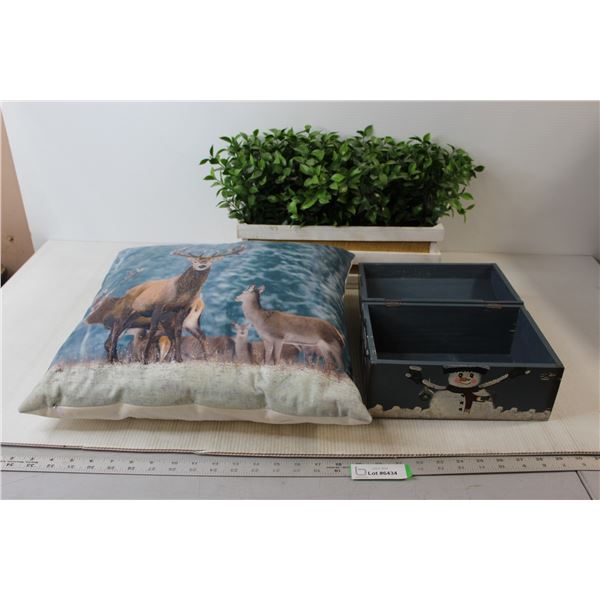 Faux Plant and Holder, Deer Pillow, Snowman Wooden Box