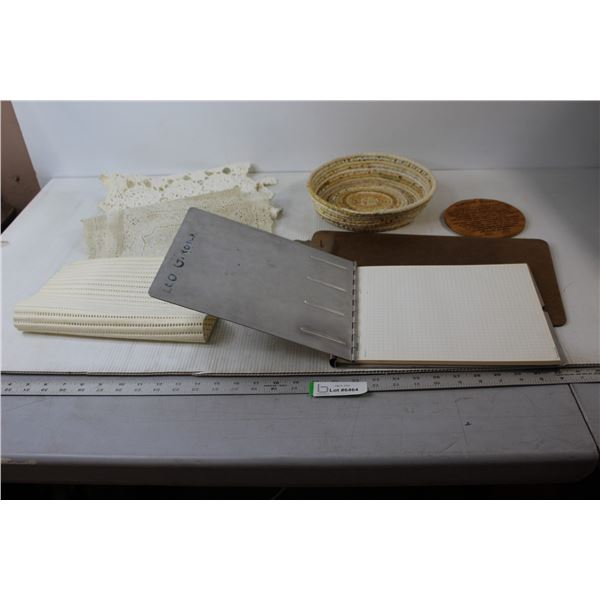 Woven Fabric Basket, (4) Placemats/Table Runners, (2) Clip Boards with Paper, Misc.
