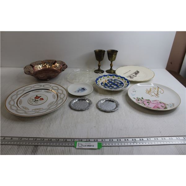 Assorted Decorative Plates, Bride and Groom Coasters, Misc.