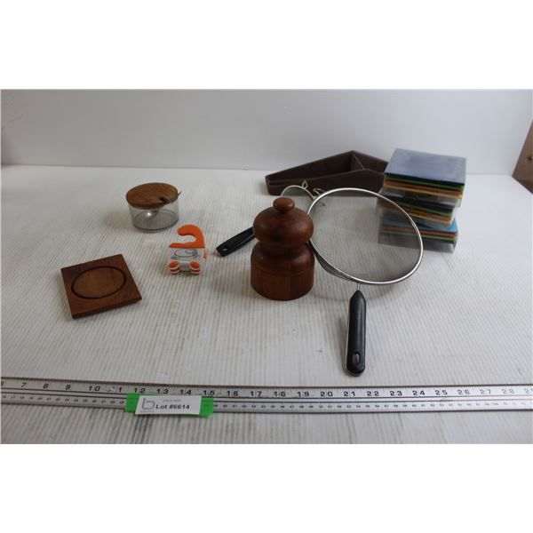 (2) Strainers, (3) Boxes Appetizer Plates, Misc.