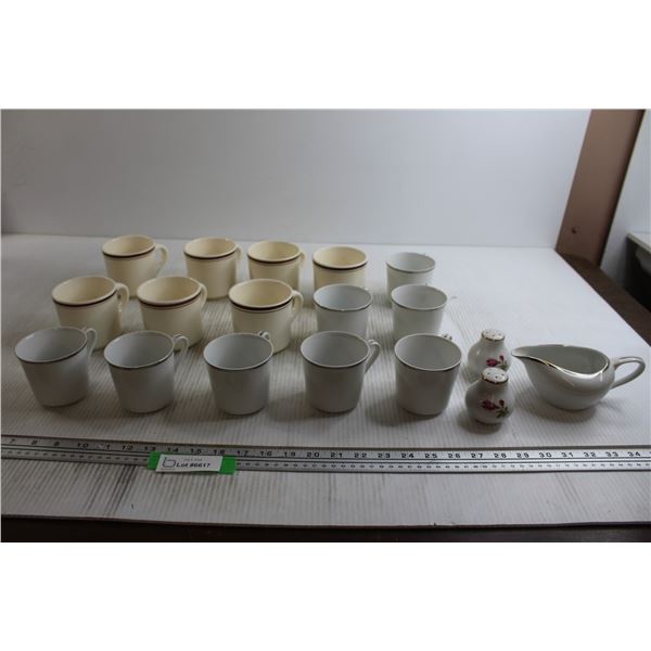 (15) Mugs, Gravy Boat, Salt and Pepper Shakers