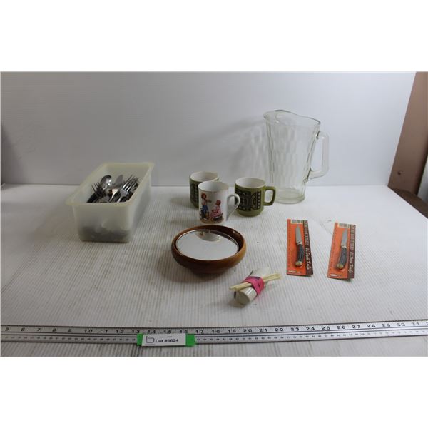 Box of Flatware, Glass Pitcher, Misc.