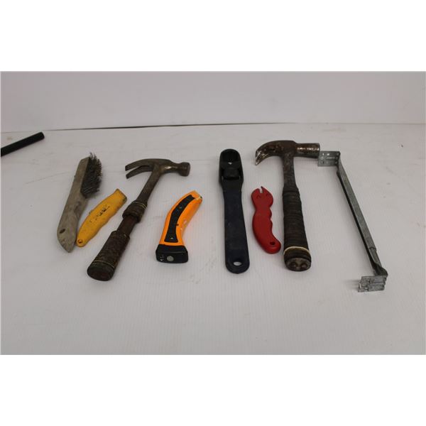 (2) Leather Handled Hammers - Wrench - Wire Brush - Utility Knives