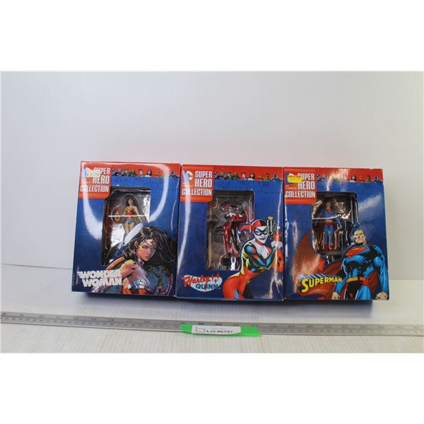 (3) Super Hero Figurines: Superman, Wonder Woman, Harley Quinn